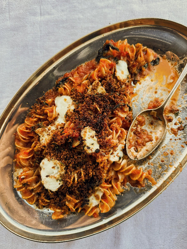 Friggionne Fusilli Bake with Oregano and Mozzarella Crust 